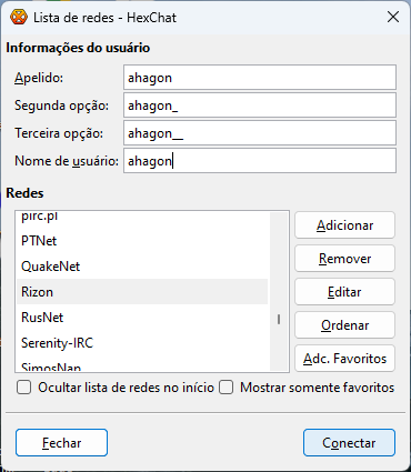 Lista de redes do HexChat